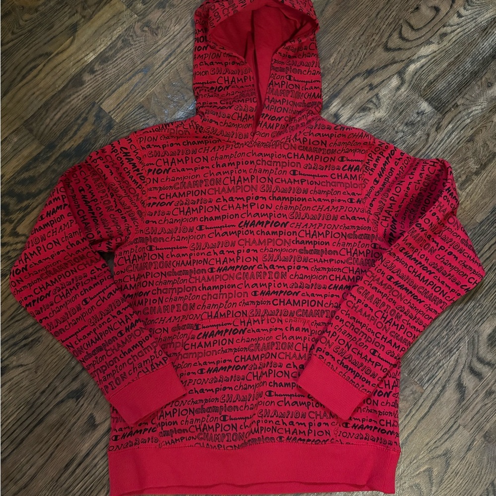 Champion Red Hoodie with Black Graphics